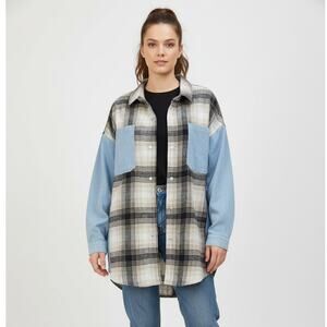 GLAM Oversized Blue Denim Flannel Taupe Plaid Patchwork Button Down Shacket, Med